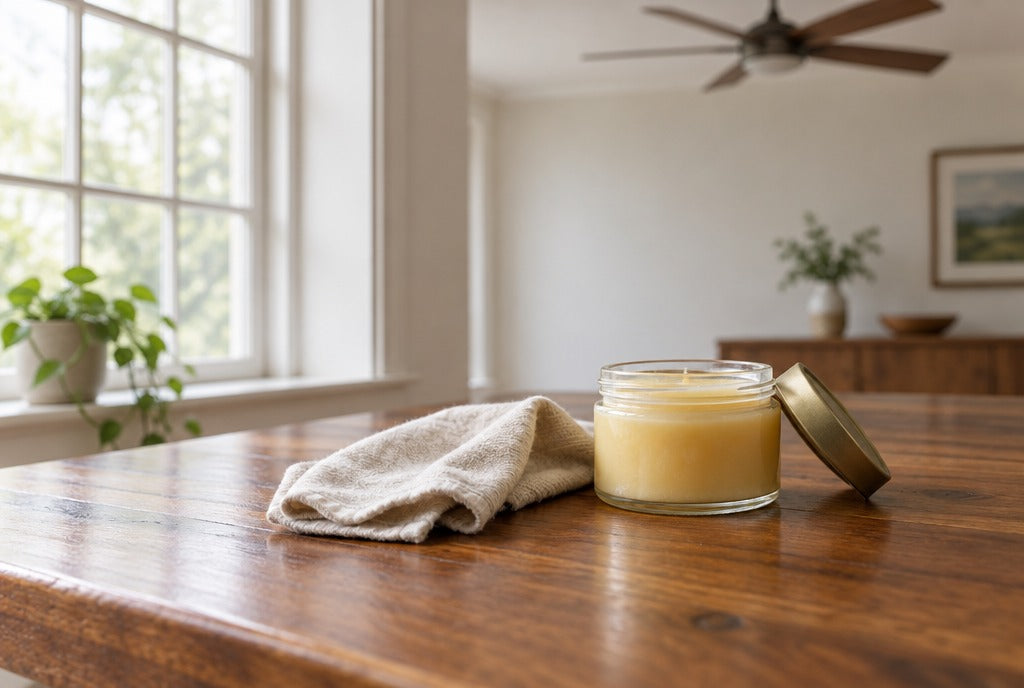 A soft cloth and a jar of furniture wax on a solid wood tabletop beside a window with a ceiling fan above
