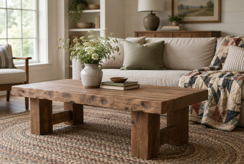 A farmhouse living room with a chunky solid wood coffee table on a braided rug, a quilt on the sofa and a stoneware vase