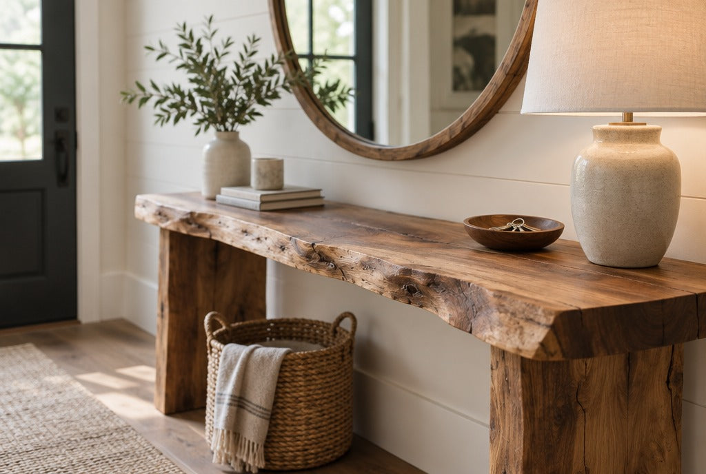 A rustic live-edge solid wood console table in a farmhouse entry with a round mirror, a lamp, a basket and a bowl for keys