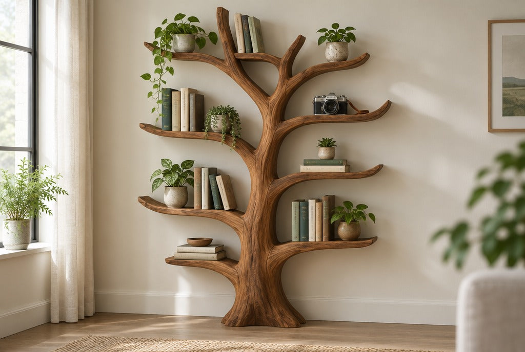 A sculpted solid wood tree-shaped bookshelf against a cream wall holding books, small plants and a vintage camera