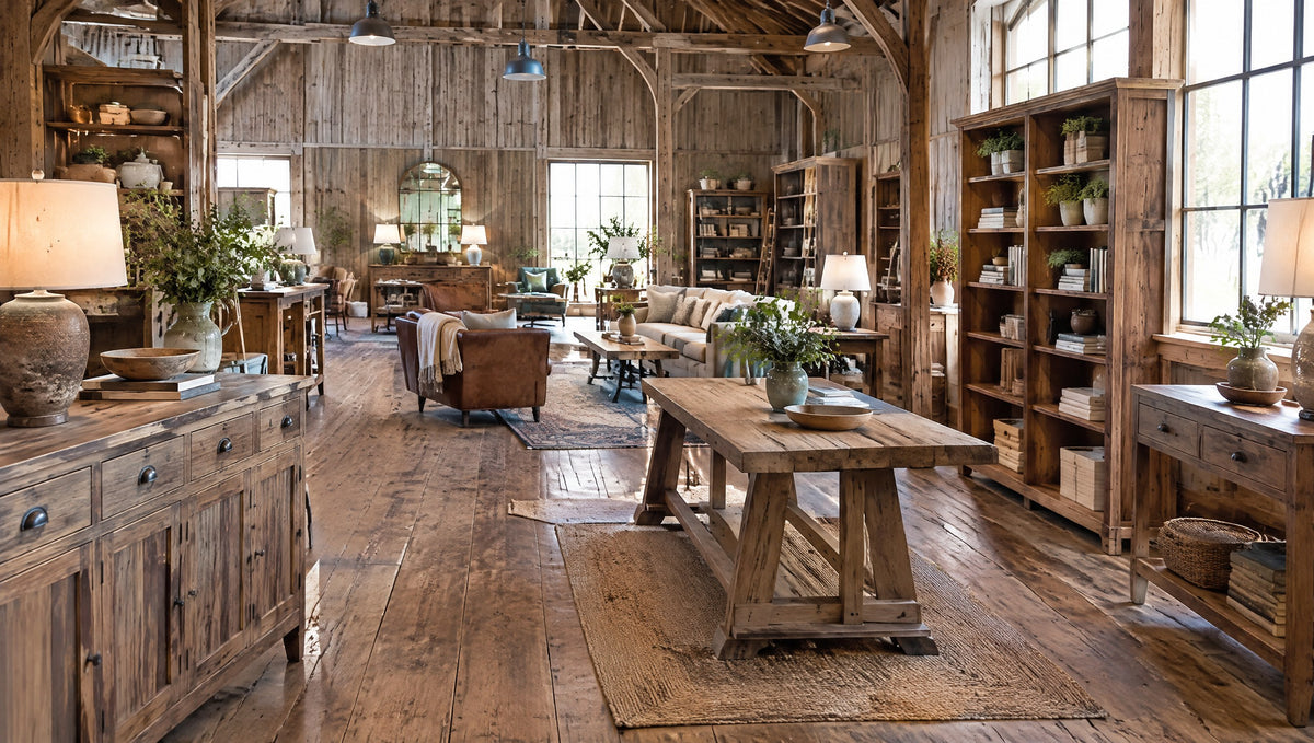 Inside a barn-style showroom with newly built vintage-style solid wood furniture
