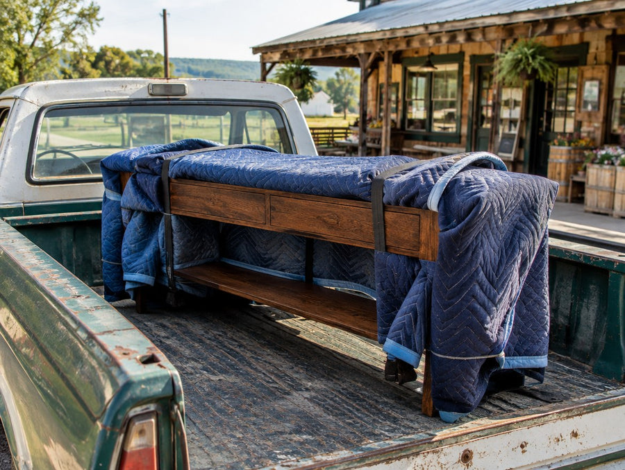 A solid wood console wrapped in moving blankets in an old farm pickup outside a country store