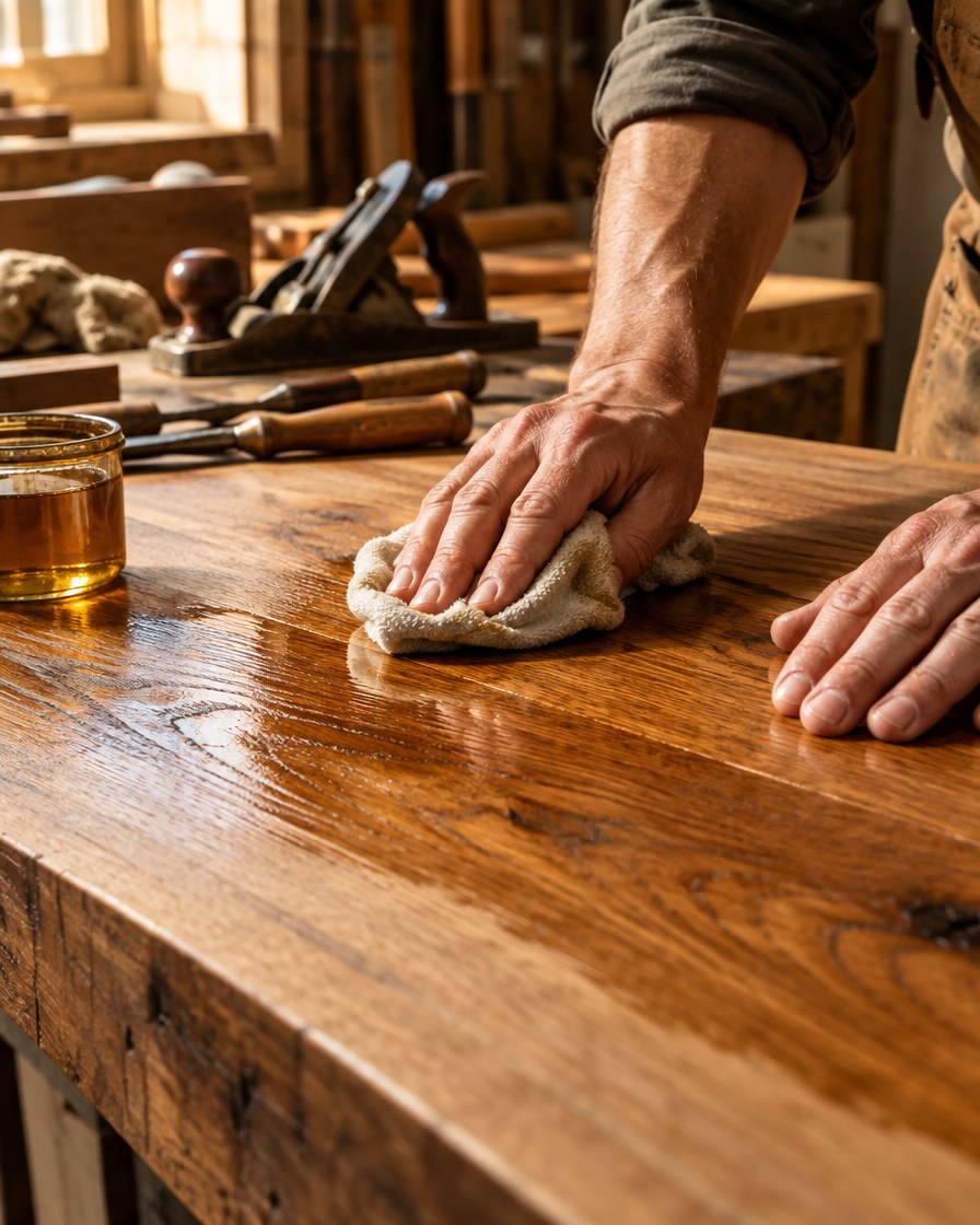 Hands rubbing oil into a solid oak tabletop