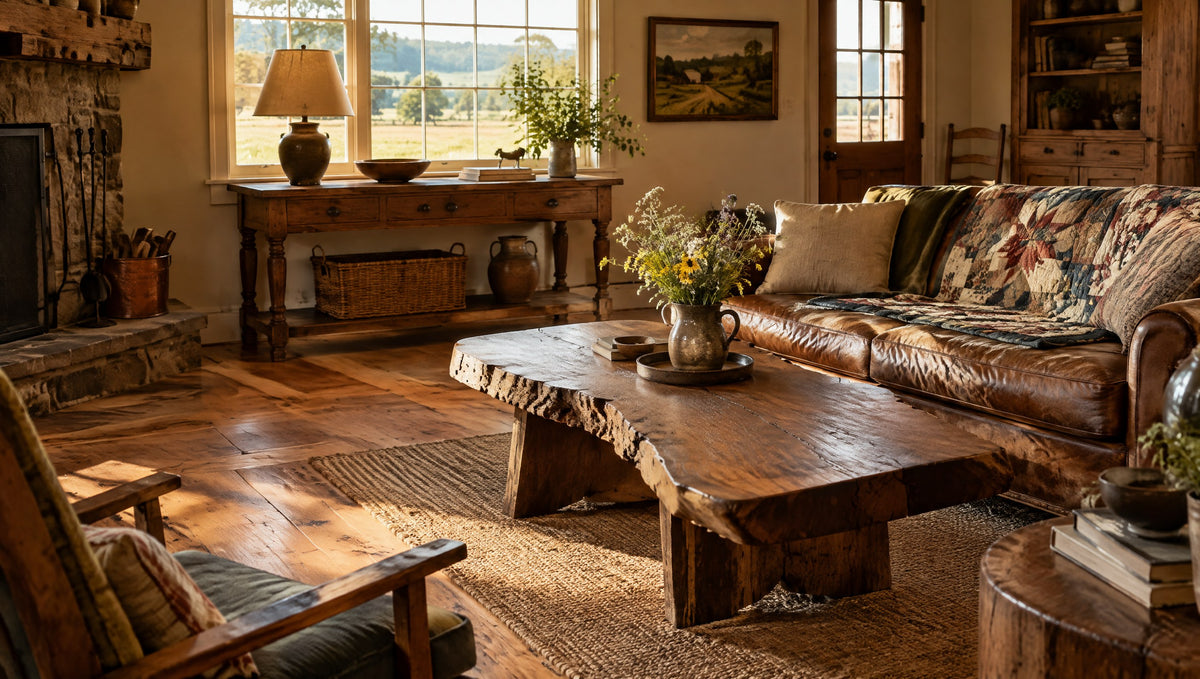A farmhouse living room with a vintage-style solid wood console and live-edge coffee table