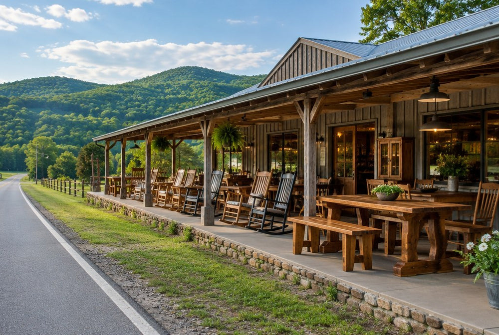 A roadside country furniture shop with a covered porch along an Arkansas highway