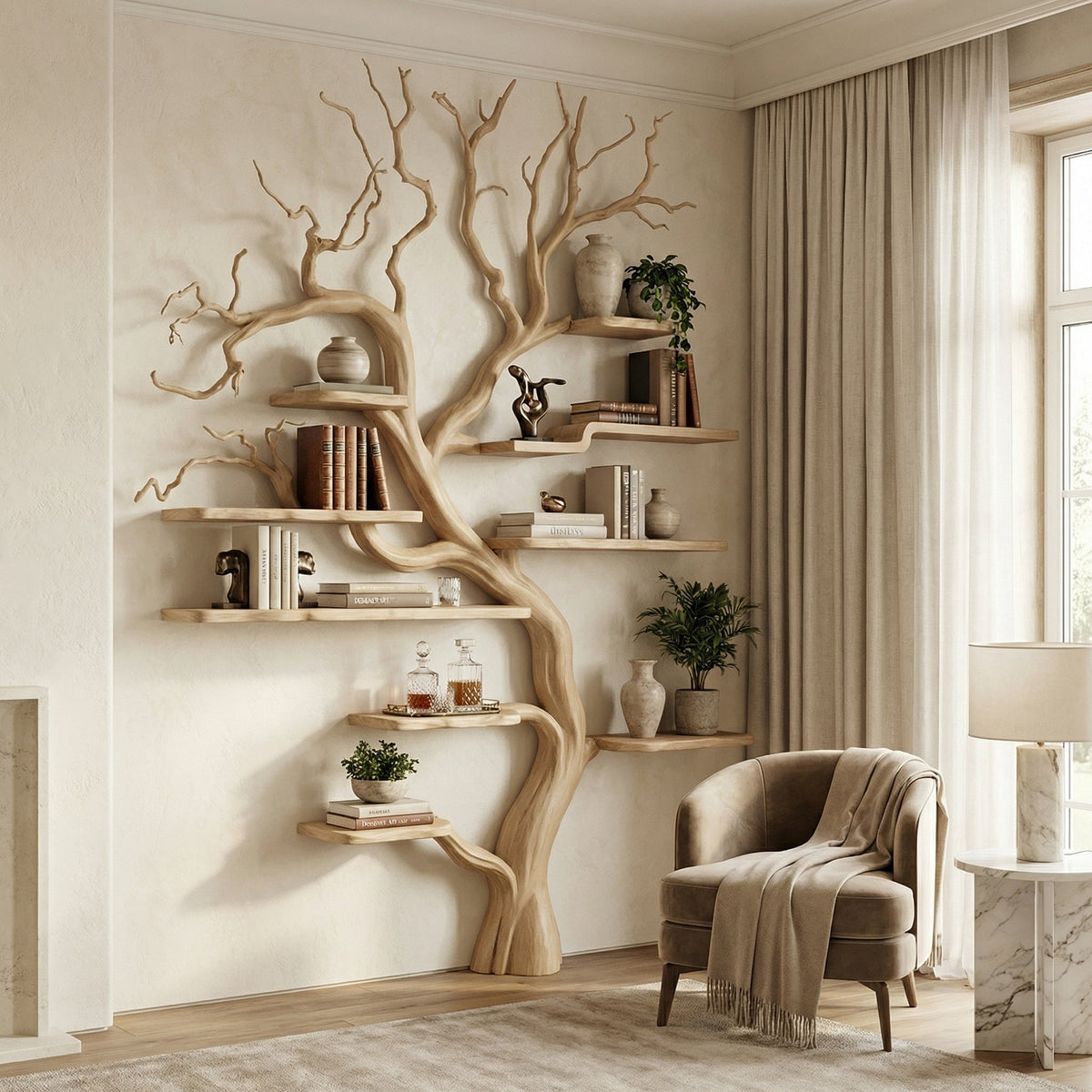 Rustic Tree Branch Bookshelf Living Wall